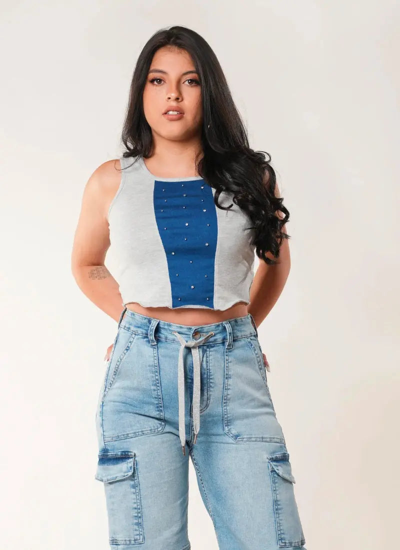 TOP CROPPED DENIM PATCH PEARL BE LEGEND STORE